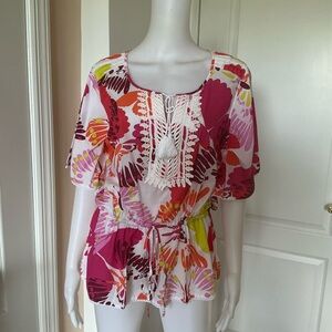 Fashion Bug Pink Red Graphic Ruffled Blouse